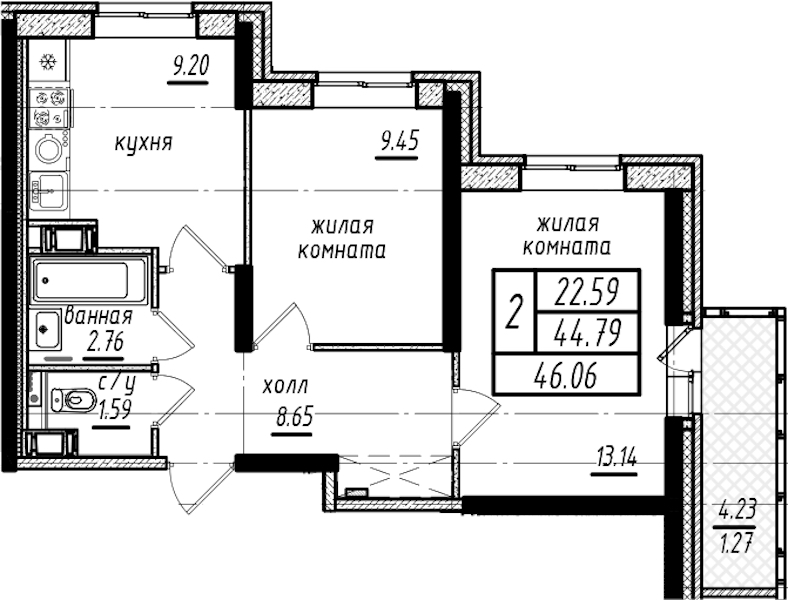 2-комнатная квартира 46.06 м², 2/25 эт., ЖК «Северная Долина»